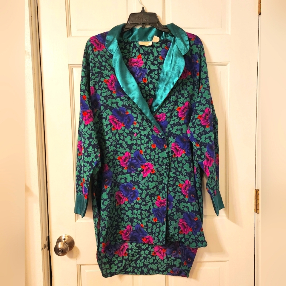 Victoria's Secret Womens M Gold Label Satin Pajama Shirt Blue Punk Purple Floral
